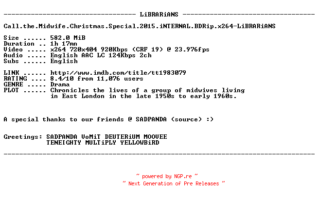NFO for the release Call.the.Midwife.Christmas.Special.2015.iNTERNAL.BDRip.x264-LiBRARiANS by LiBRARiANS