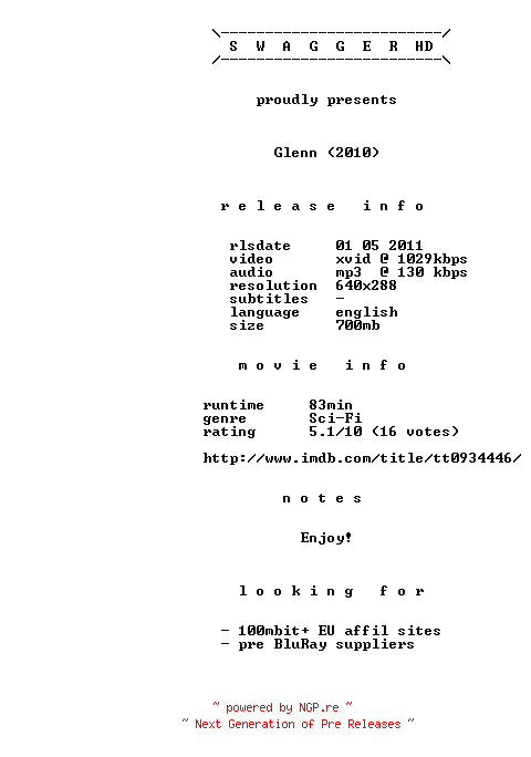 NFO for the release Glenn.the.Flying.Robot.2010.BDRip.XviD-SWAGGER by SWAGGER