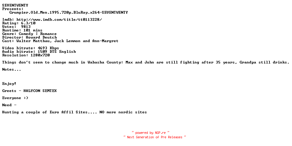 NFO for the release Grumpier.Old.Men.1995.720p.BluRay.x264-SEVENTWENTY by SEVENTWENTY