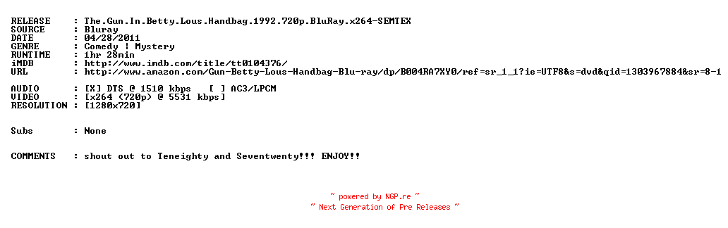 NFO for the release The.Gun.In.Betty.Lous.Handbag.1992.720p.BluRay.x264-SEMTEX by SEMTEX