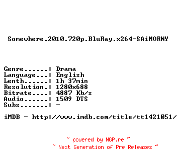 NFO for the release Somewhere.2010.720p.BluRay.x264-SAiMORNY by SAiMORNY