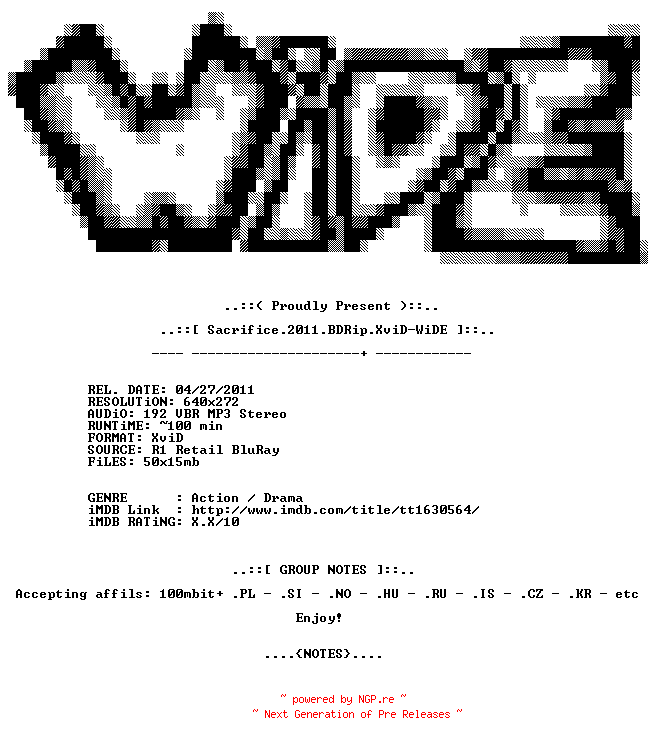 NFO for the release Sacrifice.2011.BDRip.XviD-WiDE by WiDE