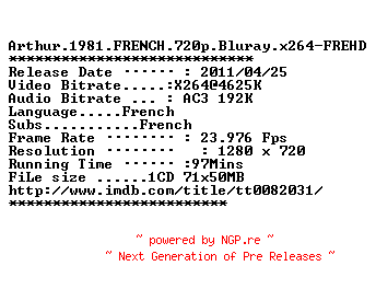 NFO for the release Arthur.1981.FRENCH.720p.Bluray.x264-FREHD by FREHD