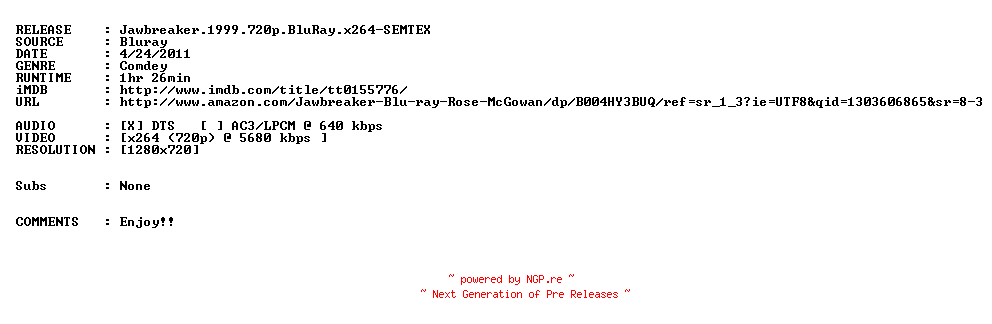 NFO for the release Jawbreaker.1999.720p.BluRay.x264-SEMTEX by SEMTEX
