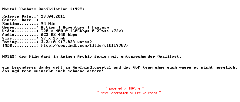 NFO for the release Mortal.Kombat.2.Annihilation.German.1997.AC3.BDRip.XviD-NQD by NQD
