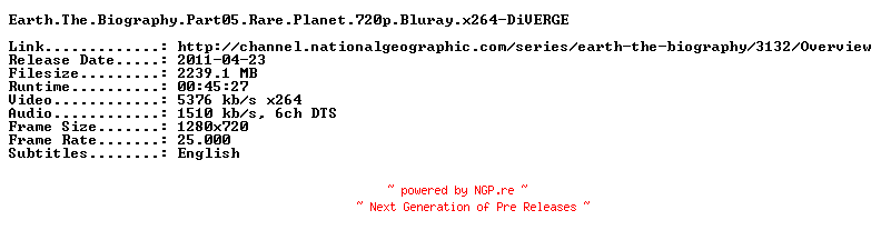 NFO for the release Earth.The.Biography.Part05.Rare.Planet.720p.Bluray.x264-DiVERGE by DiVERGE