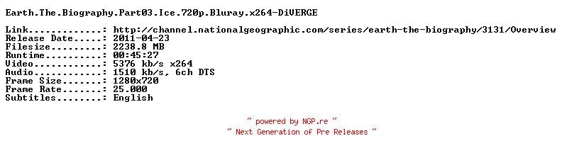 NFO for the release Earth.The.Biography.Part03.Ice.720p.Bluray.x264-DiVERGE by DiVERGE
