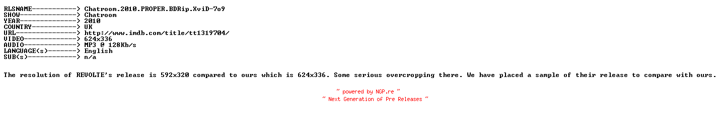 NFO for the release Chatroom.2010.PROPER.BDRip.XviD-7o9 by 7o9