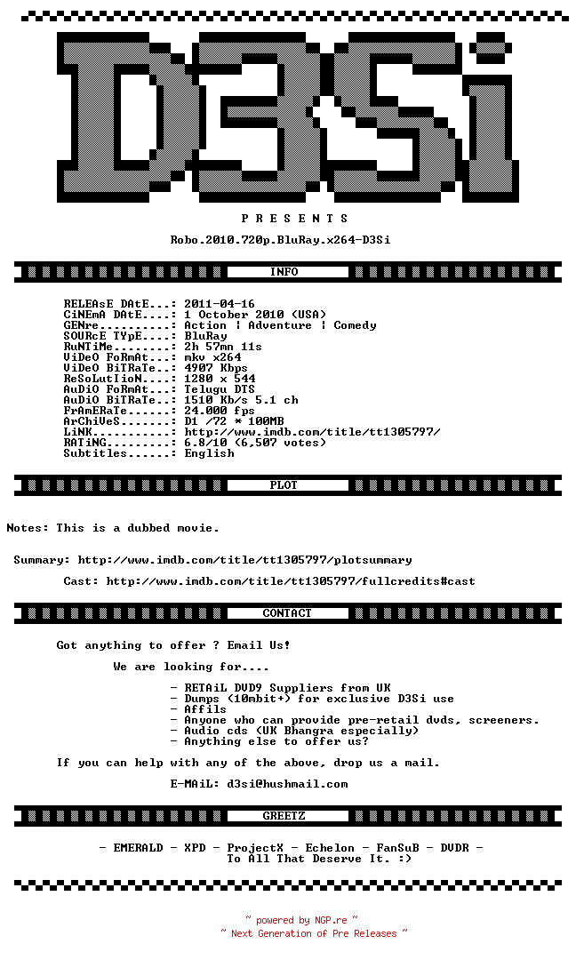 NFO for the release Robo.2010.720p.BluRay.x264-D3Si by D3Si