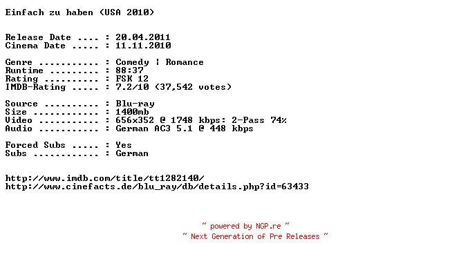NFO for the release Einfach.zu.haben.German.AC3.BDRip.XviD-EXQUiSiTE by EXQUiSiTE