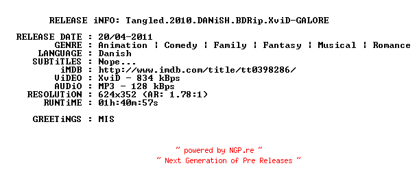 NFO for the release Tangled.2010.DANiSH.BDRip.XviD-GALORE by GALORE