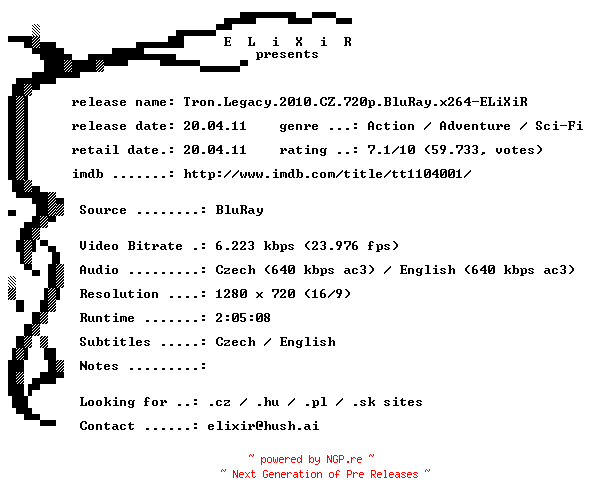 NFO for the release Tron.Legacy.2010.CZ.720p.BluRay.x264-ELiXiR by ELiXiR