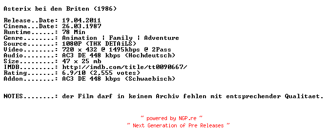 NFO for the release Asterix.bei.den.Briten.German.1986.AC3.BDRip.XviD-NQD by NQD