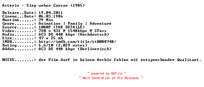 NFO for the release Asterix.Sieg.ueber.Caesar.German.1985.AC3.BDRip.XviD-NQD by NQD