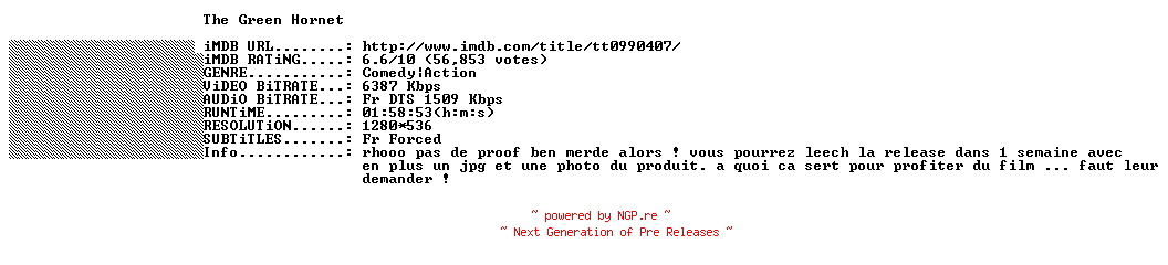 NFO for the release The.Green.Hornet.FRENCH.720p.BluRay.x264-THENiGHTMAREiNHD by THENiGHTMAREiNHD