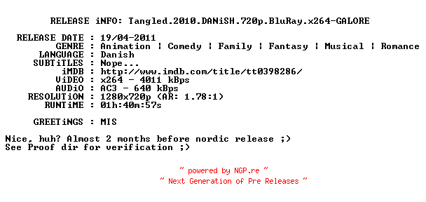 NFO for the release Tangled.2010.DANiSH.720p.BluRay.x264-GALORE by GALORE