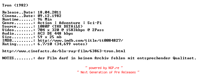 NFO for the release Tron.German.1982.AC3.BDRip.XviD-NQD by NQD
