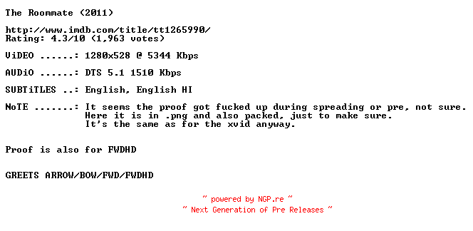 NFO for the release The.Roommate.2011.PROOF.FiX.720p.BluRay.x264-CROSSBOW by CROSSBOW
