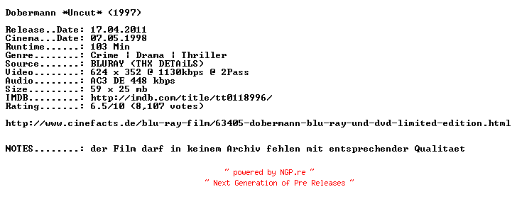 NFO for the release Dobermann.Uncut.German.1997.AC3.BDRip.XviD-NQD by NQD