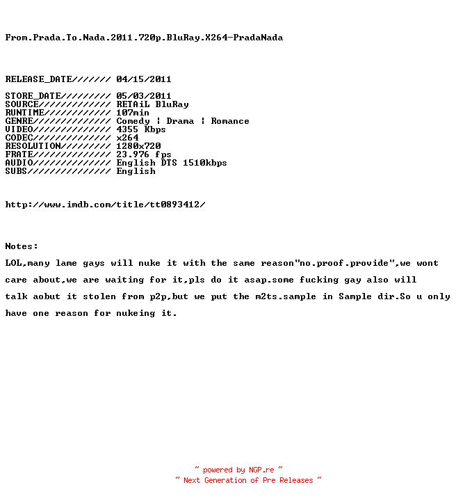 NFO for the release From.Prada.To.Nada.2011.720p.BluRay.X264-PradaNada by PradaNada