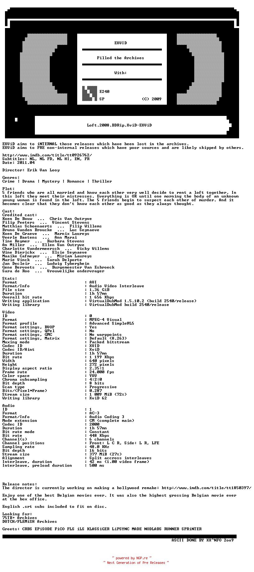 NFO for the release Loft.2008.BDRip.XviD-EXViD by EXViD