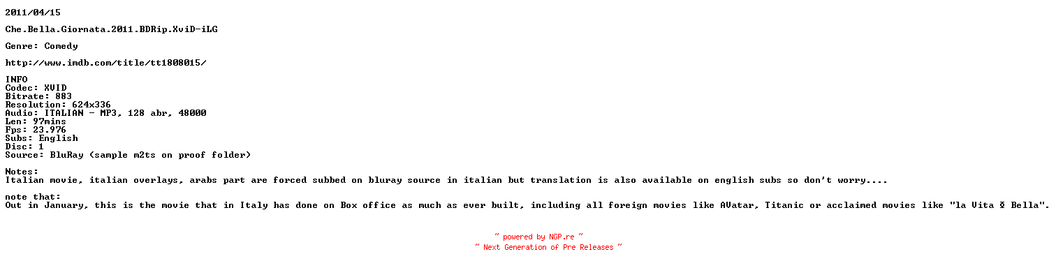 NFO for the release Che.Bella.Giornata.2011.BDRip.XviD-iLG by iLG