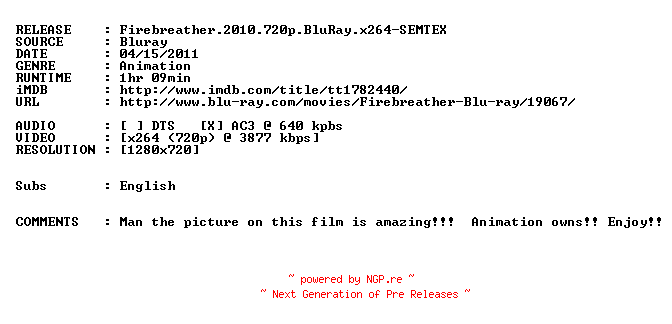 NFO for the release Firebreather.2010.720p.BluRay.x264-SEMTEX by SEMTEX