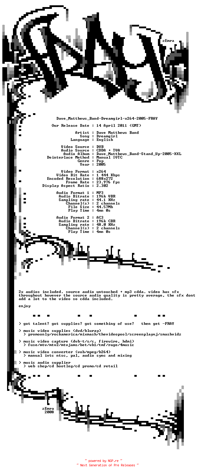 NFO for the release Dave_Matthews_Band-Dreamgirl-x264-2005-FRAY by FRAY
