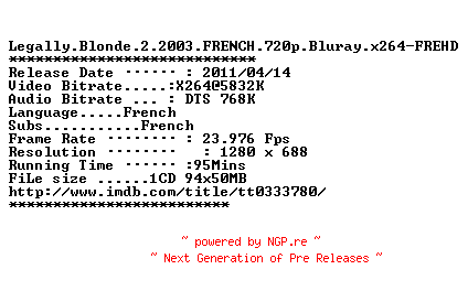 NFO for the release Legally.Blonde.2.2003.FRENCH.720p.Bluray.x264-FREHD by FREHD