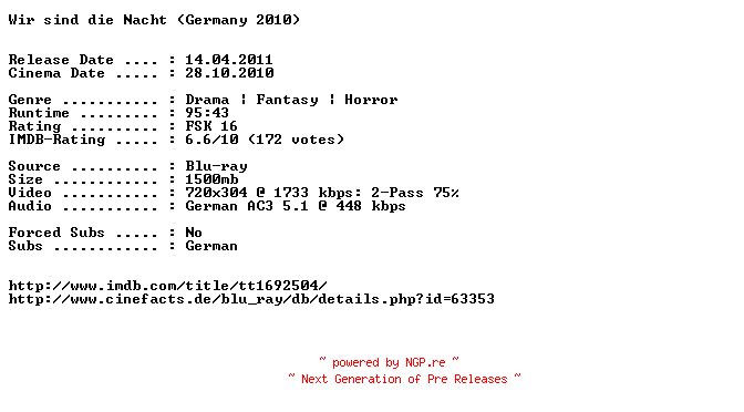 NFO for the release Wir.sind.die.Nacht.German.AC3.BDRip.XviD-EXQUiSiTE by EXQUiSiTE