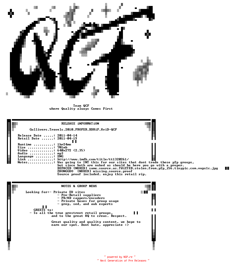 NFO for the release Gullivers.Travels.2010.PROPER.BDRiP.XviD-QCF by QCF