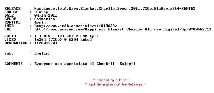 NFO for the release Happiness.Is.A.Warm.Blanket.Charlie.Brown.2011.720p.BluRay.x264-SEMTEX by SEMTEX