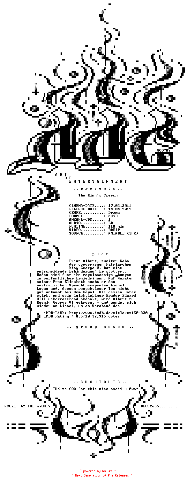 NFO for the release The.Kings.Speech.BDRIP.LD.German.XVID-AOE by AOE