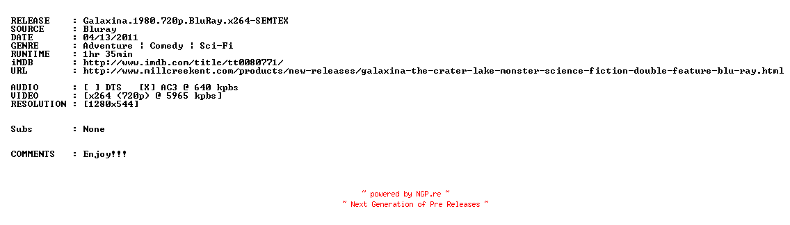 NFO for the release Galaxina.1980.720p.BluRay.x264.iNTERNAL-SEMTEX by SEMTEX