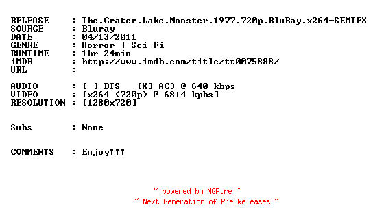 NFO for the release The.Crater.Lake.Monster.1977.720p.BluRay.x264-SEMTEX by SEMTEX