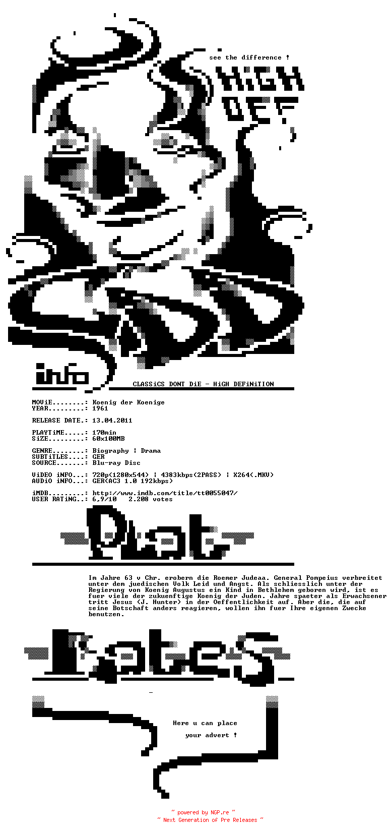NFO for the release Koenig.der.Koenige.1961.German.720p.BluRay.x264-CDD by CDD