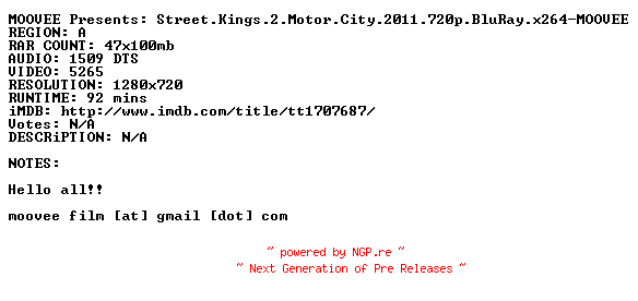 NFO for the release Street.Kings.2.Motor.City.2011.720p.BluRay.x264-MOOVEE by MOOVEE