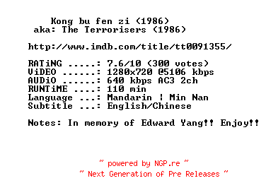 NFO for the release The.Terrorisers.1986.720p.BluRay.x264-MELiTE by MELiTE