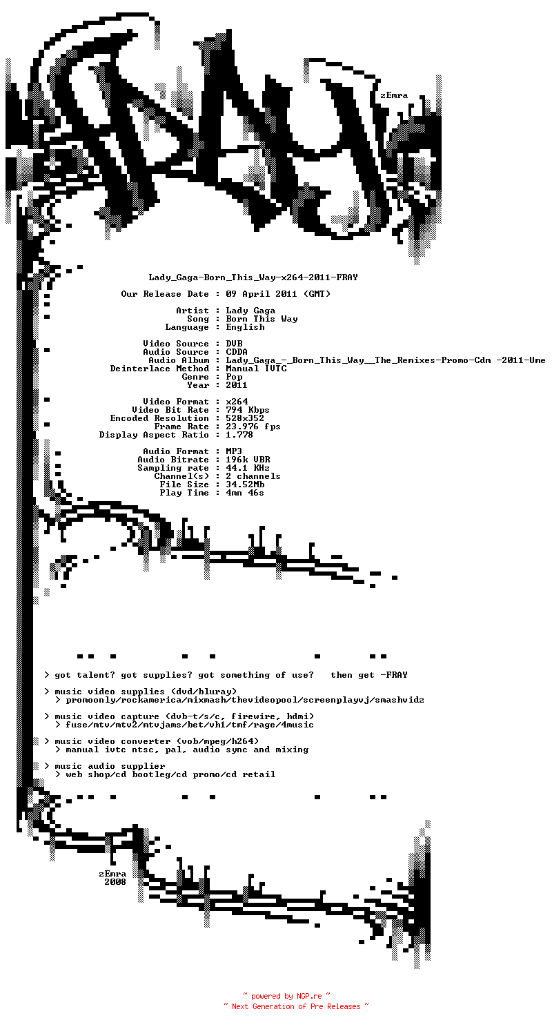 NFO for the release Lady_Gaga-Born_This_Way-x264-2011-FRAY by FRAY