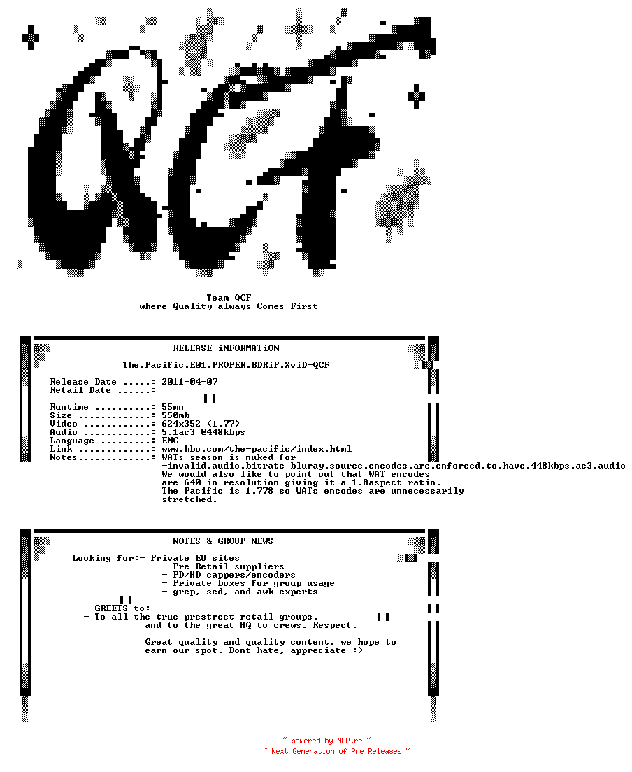 NFO for the release The.Pacific.E01.PROPER.BDRiP.XviD-QCF by QCF
