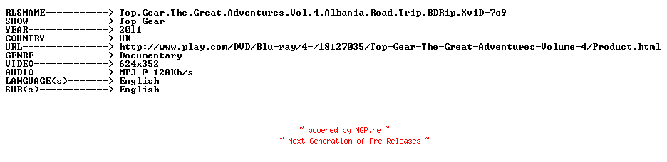 NFO for the release Top.Gear.The.Great.Adventures.Vol.4.Albania.Road.Trip.BDRip.XviD-7o9 by 7o9