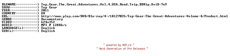NFO for the release Top.Gear.The.Great.Adventures.Vol.4.USA.Road.Trip.BDRip.XviD-7o9 by 7o9