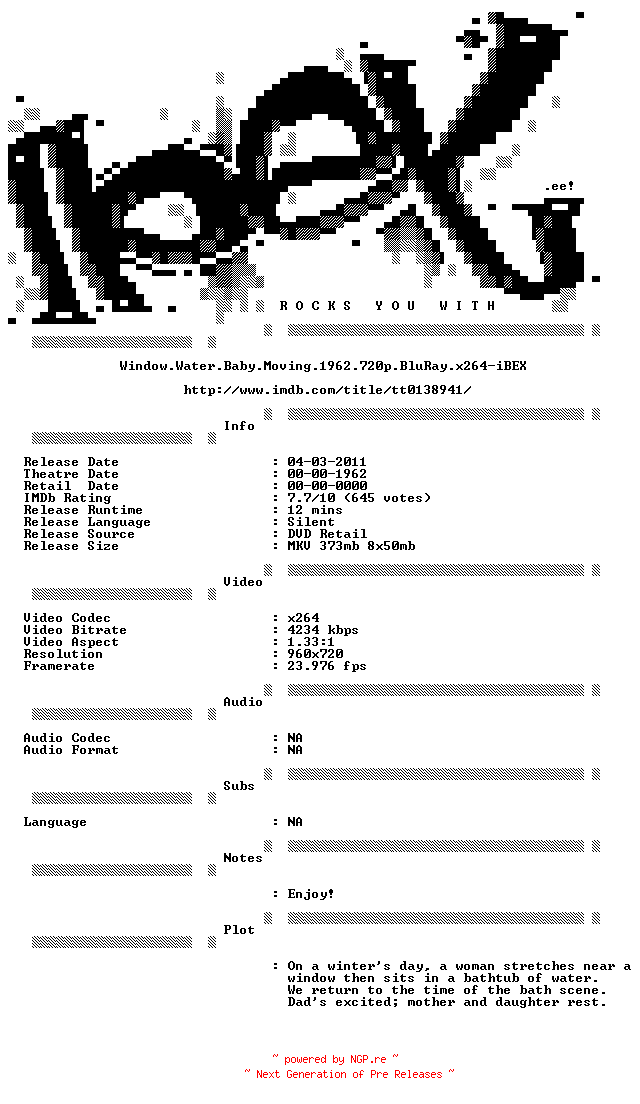 NFO for the release Window.Water.Baby.Moving.1962.720p.BluRay.x264-iBEX by iBEX
