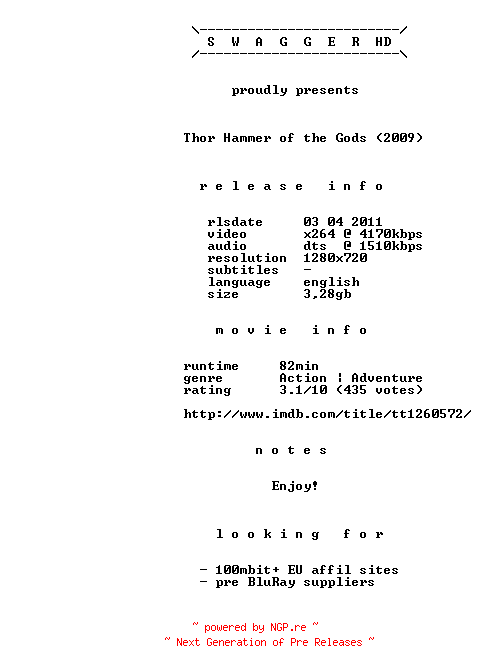 NFO for the release Thor.Hammer.of.the.Gods.2009.720p.BluRay.x264-SWAGGERHD by SWAGGERHD