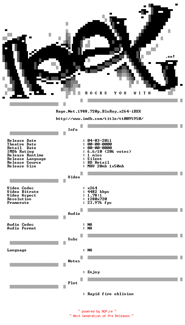 NFO for the release Rage.Net.1988.720p.BluRay.x264-iBEX by iBEX
