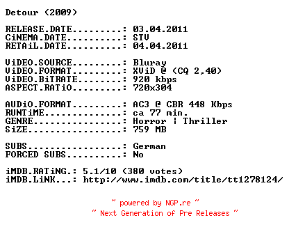 NFO for the release Detour.German.2009.AC3.BDRip.XviD-FilmGmbH by FilmGmbH