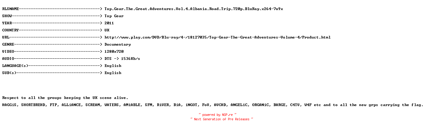 NFO for the release Top.Gear.The.Great.Adventures.Vol.4.Albania.Road.Trip.720p.BluRay.x264-7o9x by 7o9x