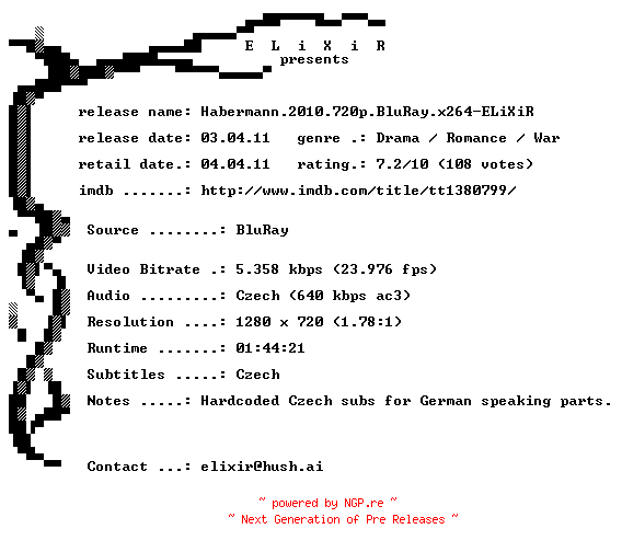 NFO for the release Habermann.2010.720p.BluRay.x264-ELiXiR by ELiXiR