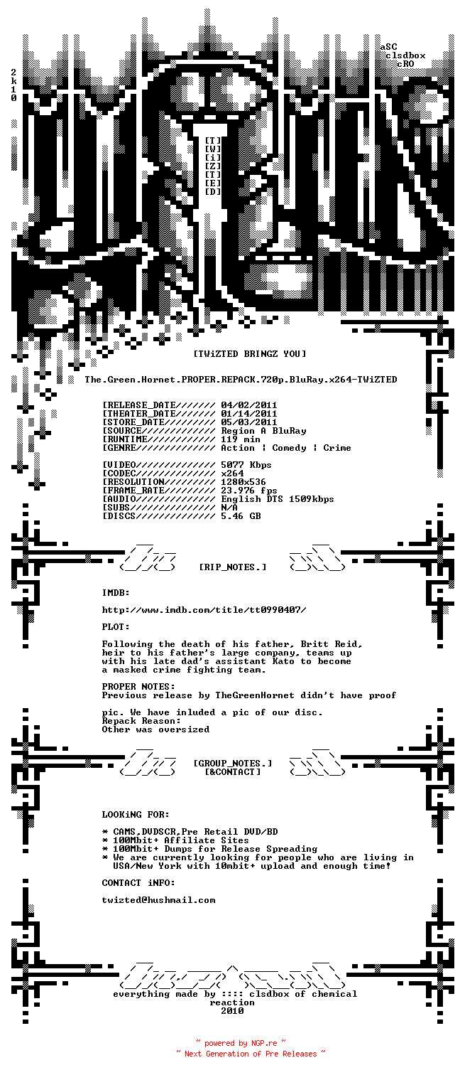 NFO for the release The.Green.Hornet.PROPER.REPACK.720p.BluRay.x264-TWiZTED by TWiZTED