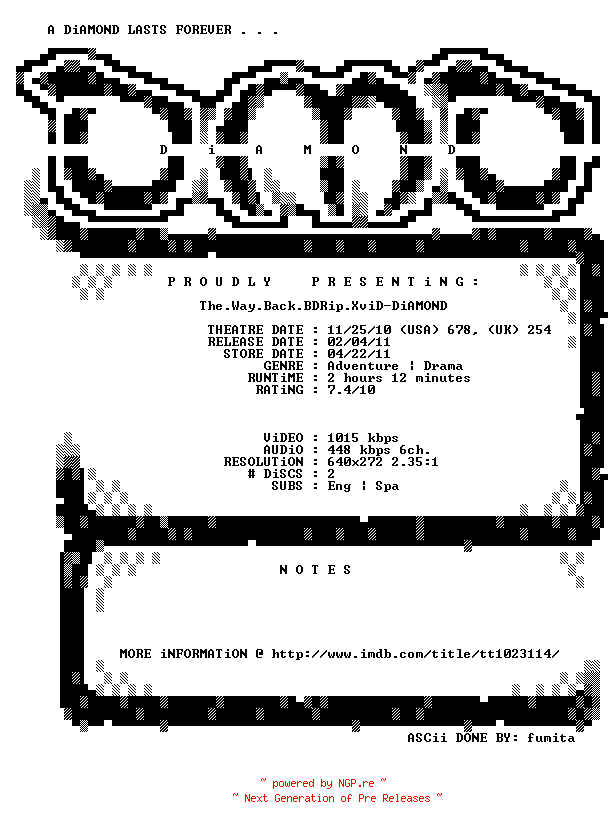 NFO for the release The.Way.Back.BDRip.XviD-DiAMOND by DiAMOND